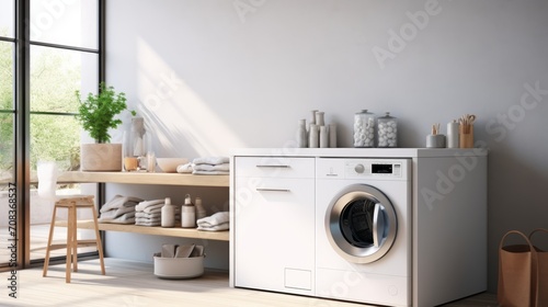 A clean and uncluttered laundry room displaying a modern washing machine with minimalist controls. Generative AI