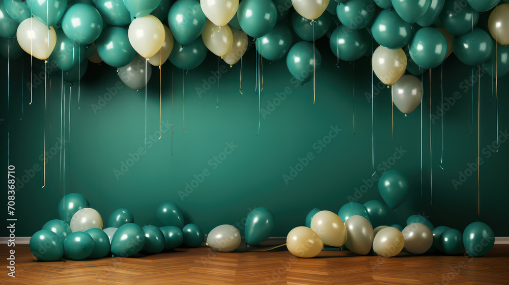 Luxurious background interior room with balloons and decorate. Photo-wall decoration for St. Patrick's Day, wedding, birthday, party. Beautiful decorative celebration concept. Generative AI - obrazy, fototapety, plakaty 