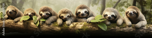 Sloths moving in a row along tree branches,  their slow and deliberate pace creating a tranquil rainforest scene