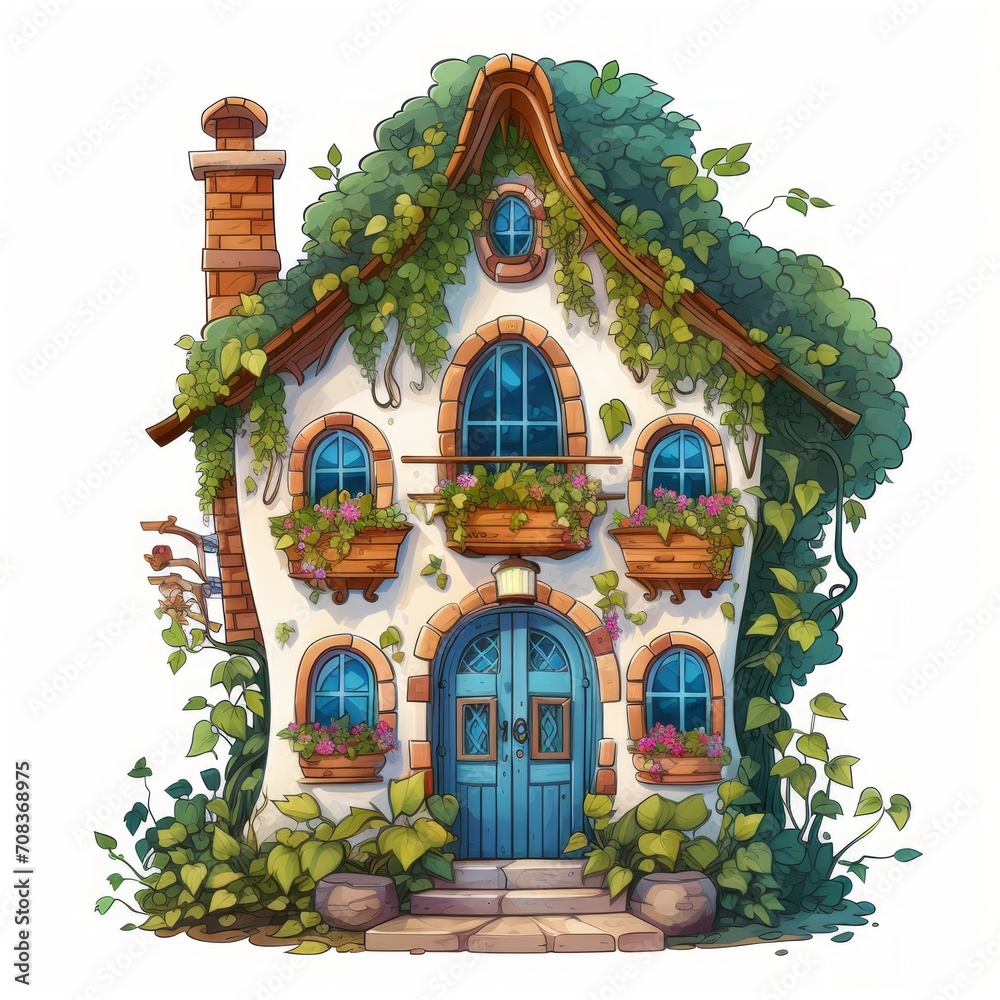 A fairytale-like house with climbing vines and a colorful, cheerful facade. Generative AI