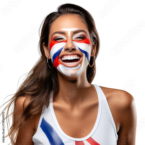 front view of a beautiful woman with her face painted with a Costa Rica  flag colors smiling isolated on a white transparent background 