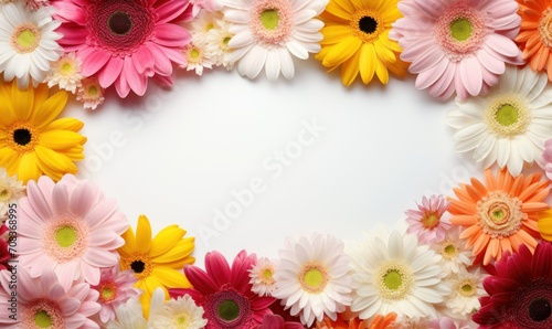 Floral border frame  assorted garden flowers empty space background. Backdrop with copy space