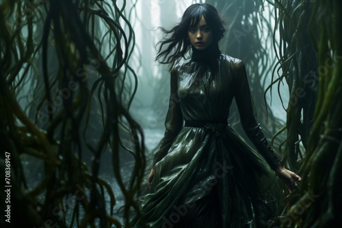 A woman in mangrove forest for fashion photoshoot