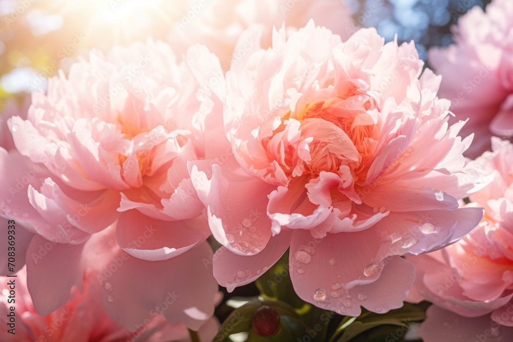 Gentle pink background of peony flowers petals macro photo, closeup view, pink floral background