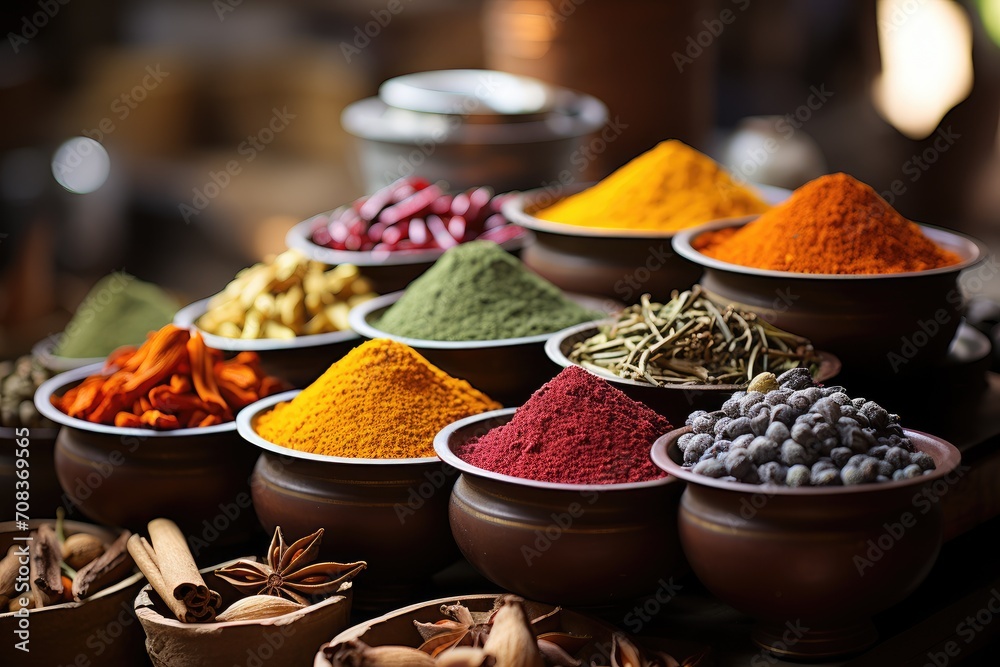 Colorful spices at a traditional market in Marrakech, Morocco. Eastern cuisine concept