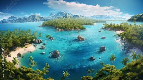 A panoramic drone view capturing a picturesque island landscape with palm-lined shores, tranquil bays, and a kaleidoscope of vibrant marine life in the surrounding waters. Generative AI