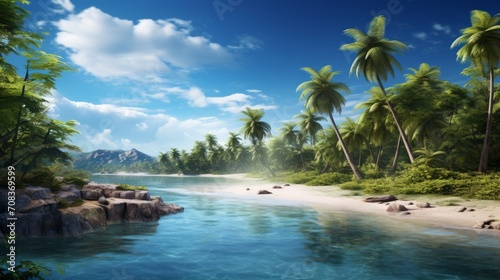 A panoramic view showcasing a stunning tropical archipelago with coconut palms  secluded beaches  and tranquil lagoons ideal for aquatic exploration Generative AI