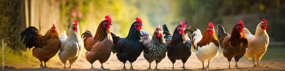 Roosters strutting in a row,  their vibrant plumage and confident postures creating a lively barnyard scene - obrazy, fototapety, plakaty 
