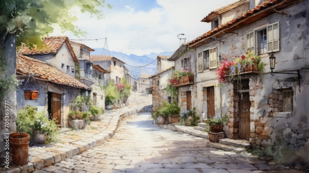 A rustic, old-town European village with cobblestone streets. landscape watercolor Generative AI