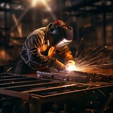 industrial worker is welding steel products in the factory
