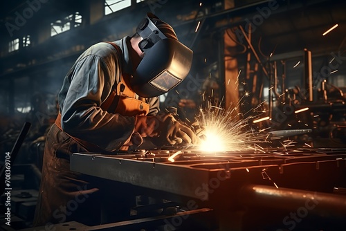 industrial worker is welding steel products in the factory © ArtistUsman