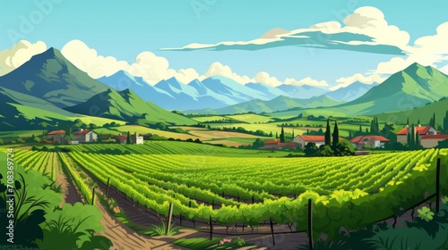 A picturesque vineyard with rows of grapevines and hills in the backdrop. Generative AI