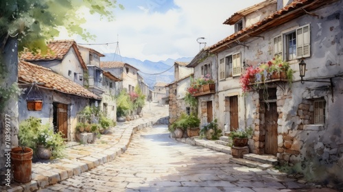 A rustic, old-town European village with cobblestone streets. landscape watercolor Generative AI © vadosloginov