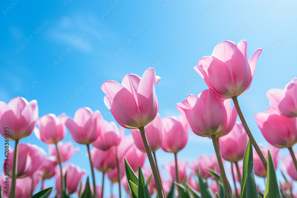 Pink spring tulip flowers in full bloom with clear blue sky in background