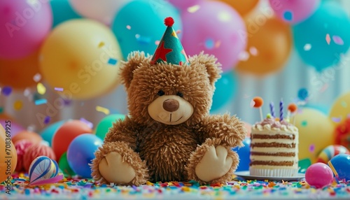 Teddy bear with a party hat, sitting on a colorful birthday party table with cake, balloons, and decorations,