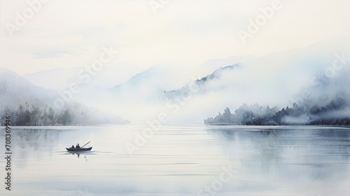 Fototapeta Naklejka Na Ścianę i Meble -  A serene, fog-covered lake with a lone boat drifting landscape watercolor Generative AI