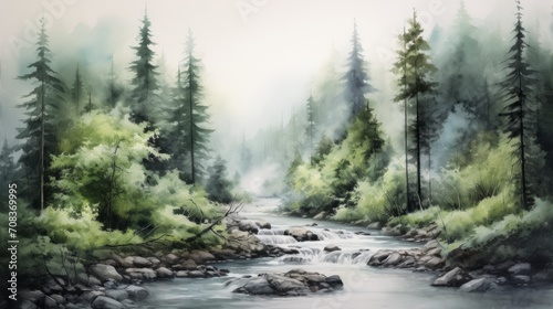 A serene river winding through a dense, foggy forest. landscape watercolor Generative AI