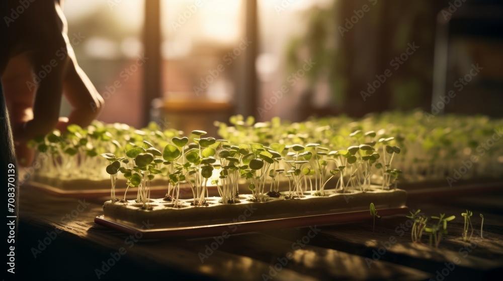 A small-scale organic microgreen farm focusing on a wide range of edible sprouts. Generative AI A small-scale organic microgreen farm focusing on a wide range of edible sprouts. Generative AI