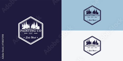 The hexagon shape logo with pine tree ornaments and the word painting co LLC can be used as a house painting company logo or logo related to property or real estate logo design inspiration