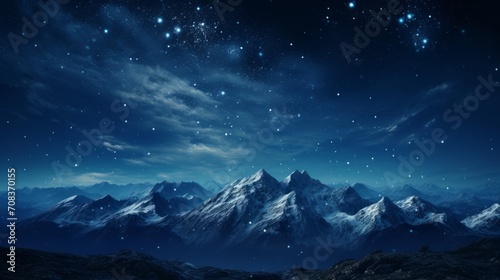 A starry night sky over a mountain landscape, where celestial bodies illuminate the peaks and valleys in a celestial glow. Generative AI © vadosloginov