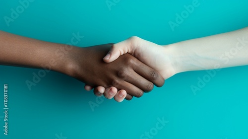 Vibrant Connection: Close-Up of Woman and Man Holding Hands in Greeting on Turquoise Background - Love, Friendship, and Togetherness Concept