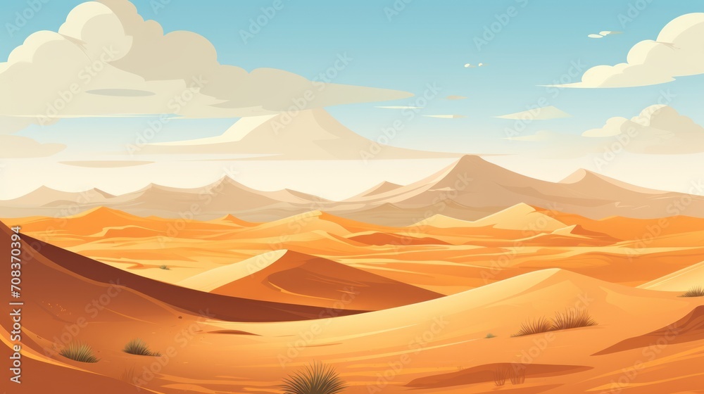 A vast desert with sand dunes and a clear horizon. vector cartoon graphic Generative AI