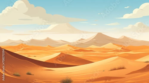 A vast desert with sand dunes and a clear horizon. vector cartoon graphic Generative AI © vadosloginov