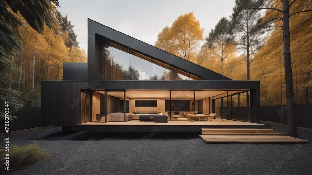 Fototapeta premium Modern minimalist private black house decorated with stone tiles cladding. Residential architecture cubic design exterior