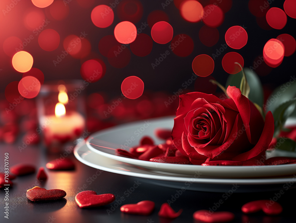 Zdjęcie przedstawiające harmonijne połączenie pięknej czerwonej róży i serc, tworzących razem romantyczną całość. - obrazy, fototapety, plakaty 