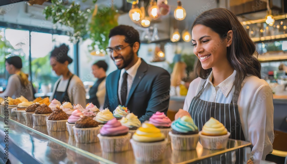 Patrons in a sleek coffee shop, with a focus on the Cake to go counter displaying an array of colorful cupcake options, as staff attend to customers