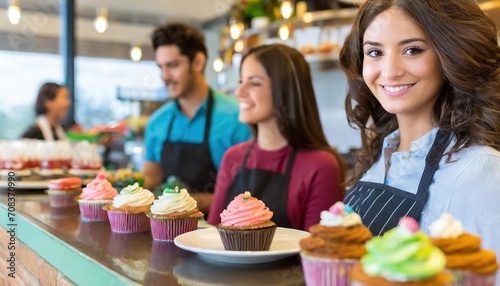 Patrons in a sleek coffee shop  with a focus on the Cake to go counter displaying an array of colorful cupcake options  as staff attend to customers