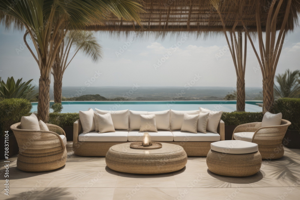 Poolside lounge are with rattan sofa with ornaments pillows