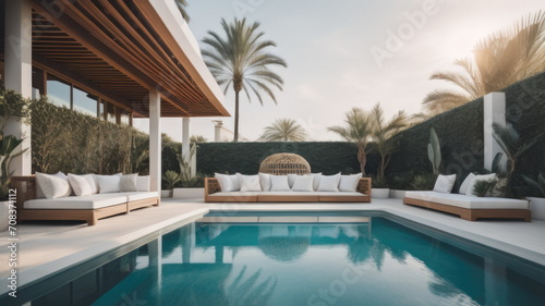 Poolside lounge are with rattan sofa with ornaments pillows © Marko