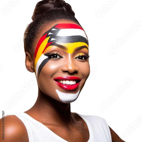 front view of a beautiful woman with her face painted with a Uganda flag colors smiling isolated on a white transparent background 