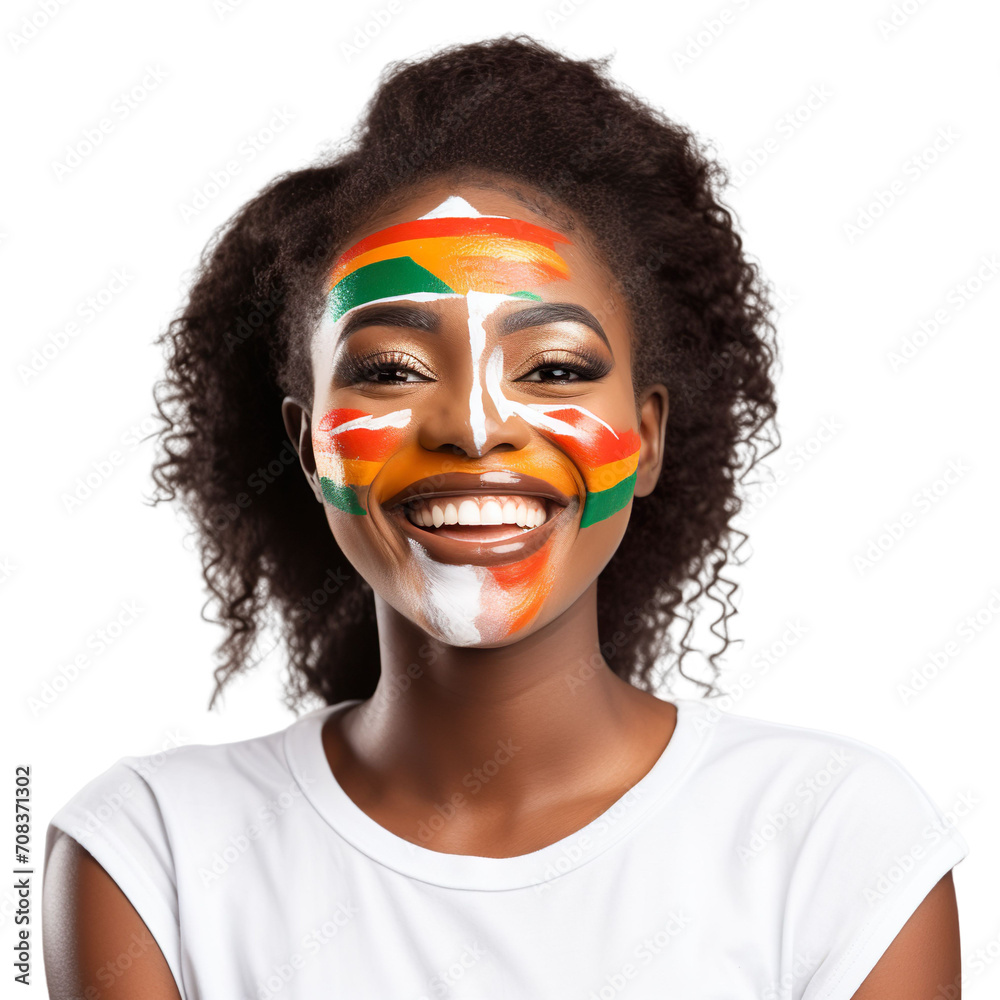 front view of a beautiful woman with her face painted with a Zambia flag colors smiling isolated on a white transparent background front view of a beautiful woman with her face painted with a Zambia flag colors smiling isolated on a white transparent background