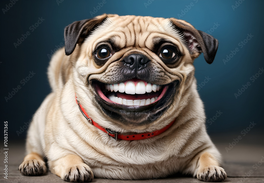 A smiling, cute pug dog with human teeth.