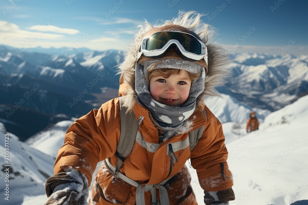 Cute little child in a ski suit is skiing in the mountains. Family vacation concept. Ski resort. Winter time. Copy space