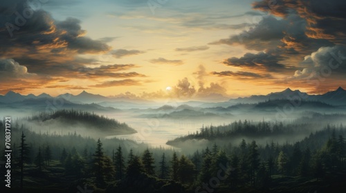 Bird's-eye panorama revealing an expansive forest under the rising sun's warm glow, set against a light blue sky dotted with wispy clouds Generative AI