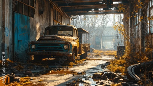 Chernobyl exclusion zone, abandoned buildings, rusted equipment, desolate landscapes, detailed and haunting photorealistic scene Generative AI