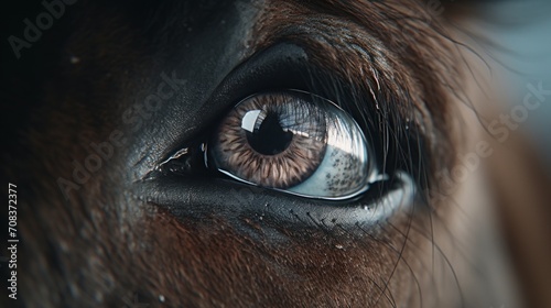 Close-up photograph of a veterinarian conducting an eye examination on a horse, meticulous and professional approach Generative AI © vadosloginov