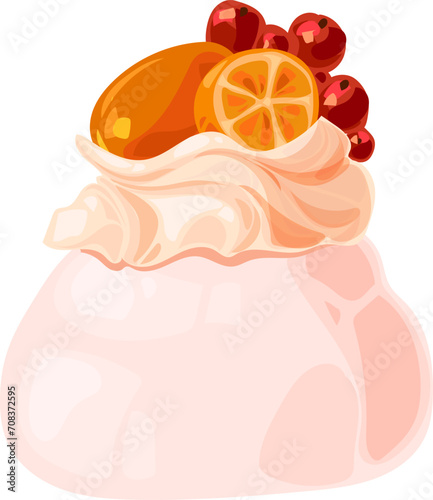 dessert Pavlova with mascarpone-based cream and tropical fruits.