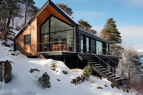 Modern house exterior with large glass windows and black wood siding in snowy mountain landscape photo