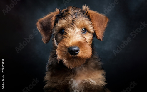 small Airedale terrier dog puppy in a dark room