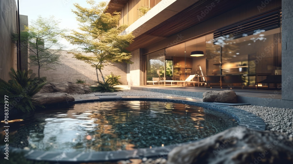 Courtyard pool with a modern house, contemporary design, clear blue water, sleek surroundings, detailed and scenic illustration Generative AI