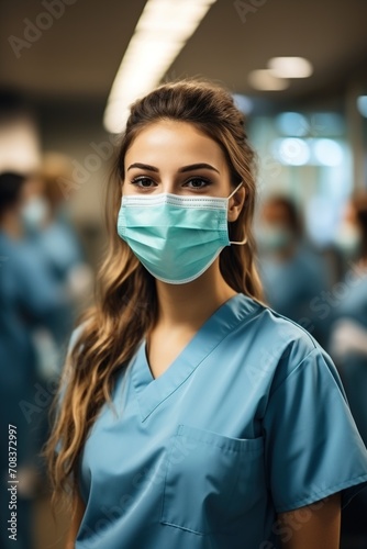 Portrait of a young female doctor or nurse wearing a surgical mask