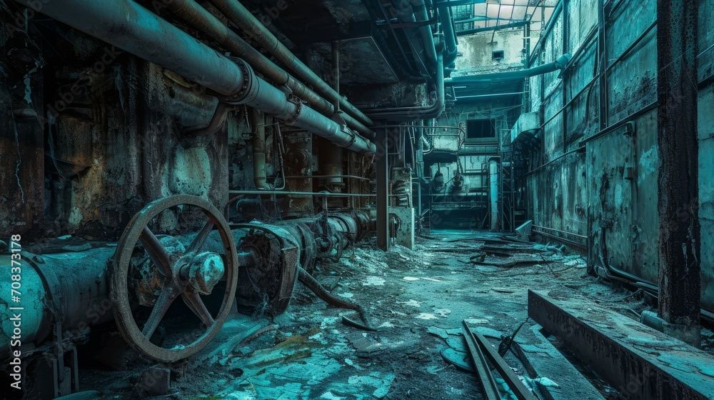 Decaying equipment at Chernobyl, rusted pipes, abandoned technology, eerie lighting, detailed linework, atmospheric scene Generative AI
