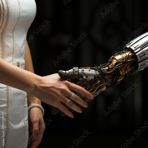 Robots and humans shake hands and exchange words. deep machine learning with artificial intelligence technology ai generative © Wayu