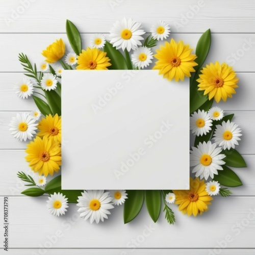 Mockup of a square greeting card for a birthday, Mother's Day or International Women's Day decorated with flowers. View from above.  © Lilia Ulizko
