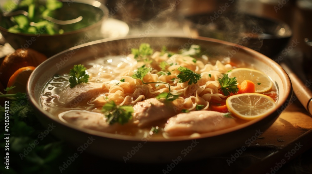 Extreme close-up of steaming chicken noodle soup in a bowl, selective focus on the hearty noodles and tender chicken pieces Generative AI
