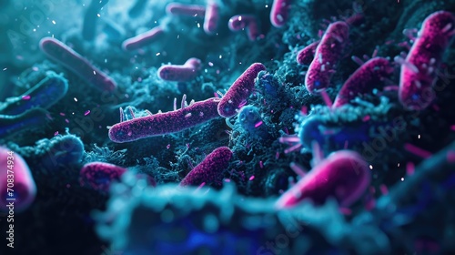 Microbiome intestine factories microbiota. Gut health. Many microbes under microscope close up. Realistic molecular cells bacterium colony. Macro medicine microbe. Bacterial immune. Dirty hand E. coli photo